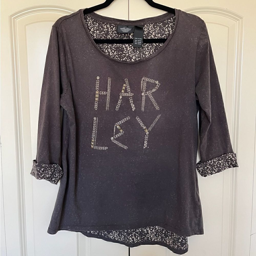 HARLEY DAVIDSON 3/4 Sleeve Scoop Neck Logo Top Purple/Black Women’s Size Large